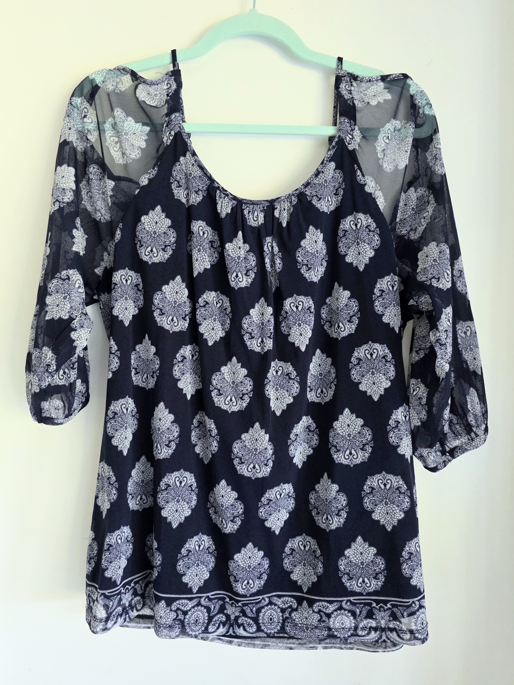 INC International Concepts Navy Blue and White Printed Peasant Cold Shoulder Top
